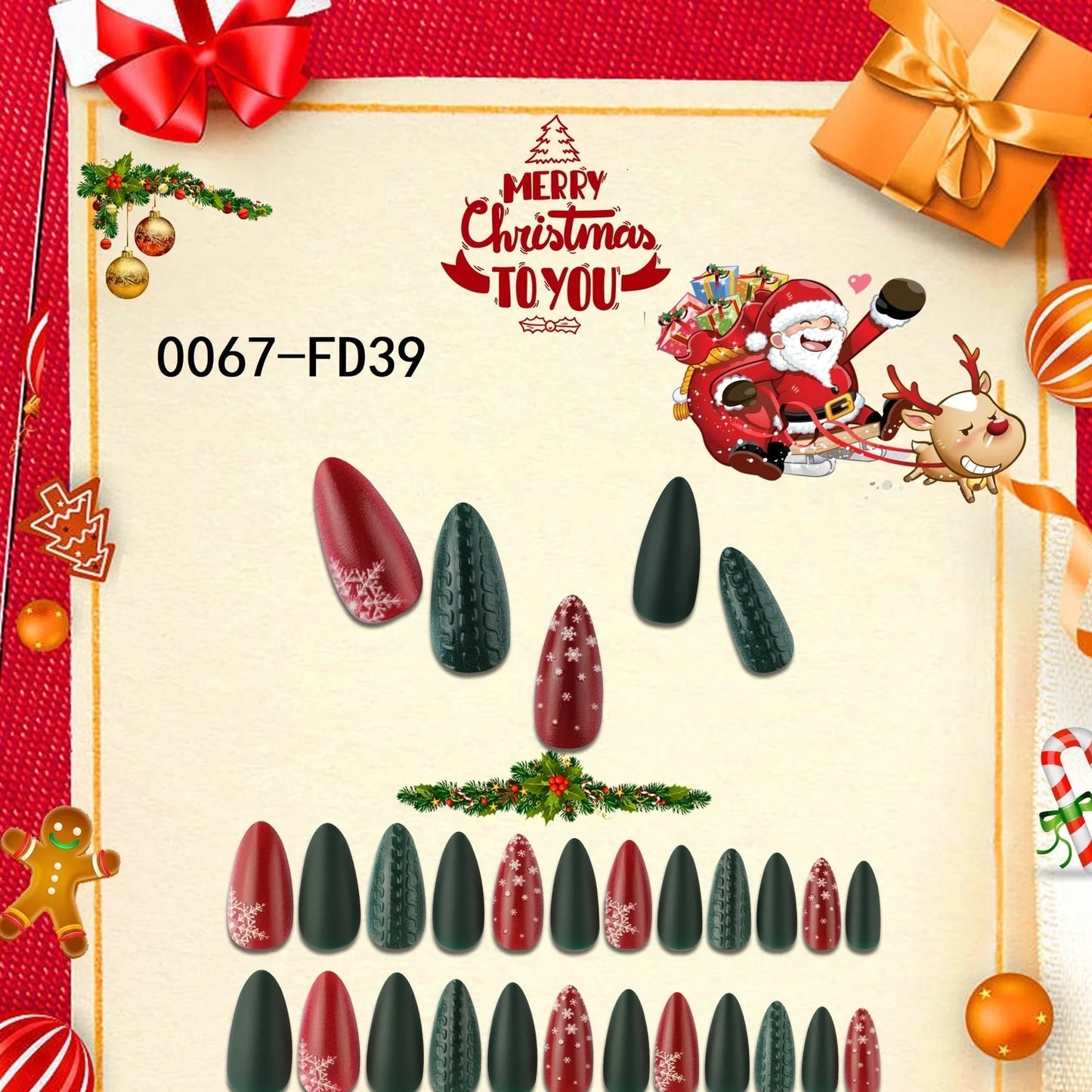 Christmas nail tips showing long, drop-shaped and almond shapes with bronzing and 3D finishes