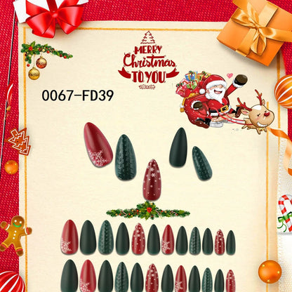 Christmas nail tips showing long, drop-shaped and almond shapes with bronzing and 3D finishes