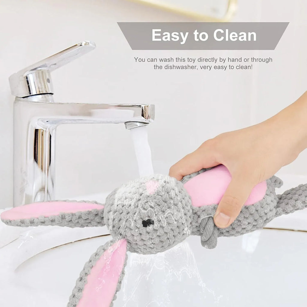 Soft plush dog toy with squeaker, crinkle paper, and cotton rope in elephant, fox, monkey, pig, and rabbit designs