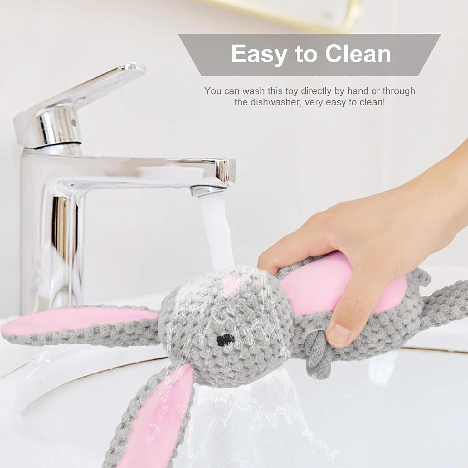 Soft plush dog toy with squeaker, crinkle paper, and cotton rope in elephant, fox, monkey, pig, and rabbit designs