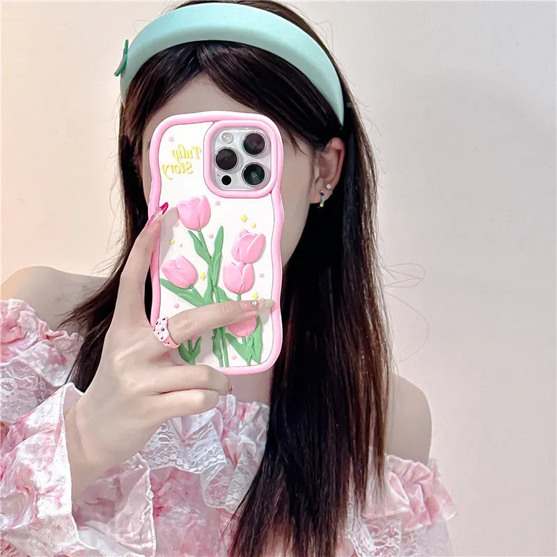 3D tulip silicone phone case for iPhone with frosted finish and raised floral design, pink colour