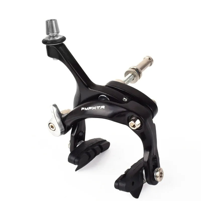 A pair of U-shaped metal bicycle road clamps for brake system modifications, shown in black and silver finish options.