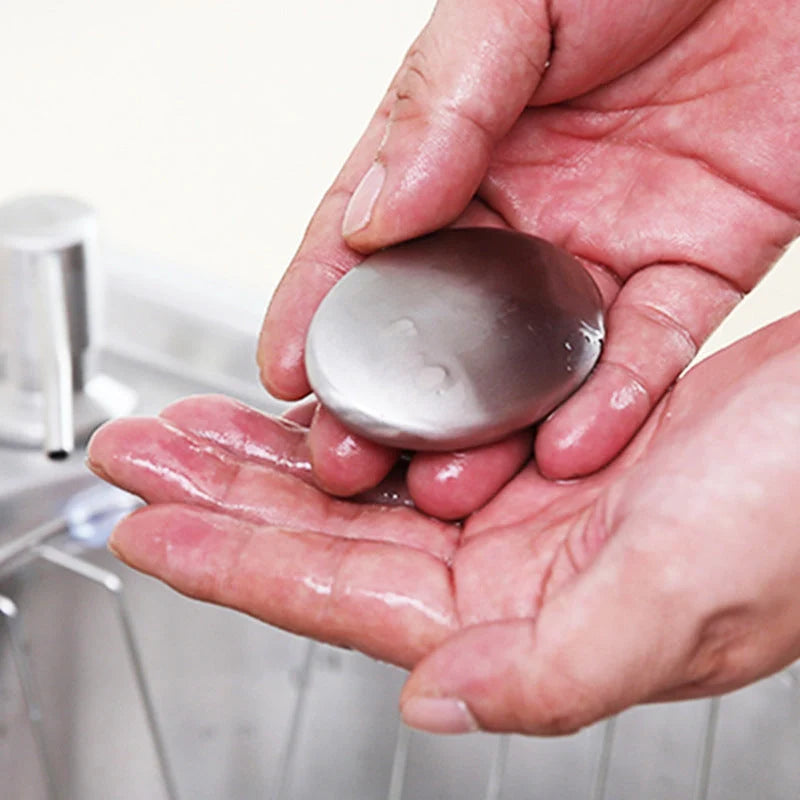 Oval stainless steel soap for removing kitchen odors from hands