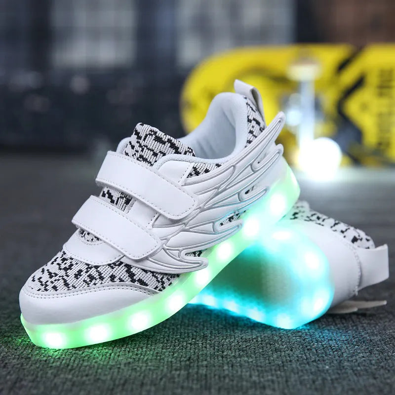 Children's plum red and white LED light-up sneakers with colourful luminous soles and USB charging port.