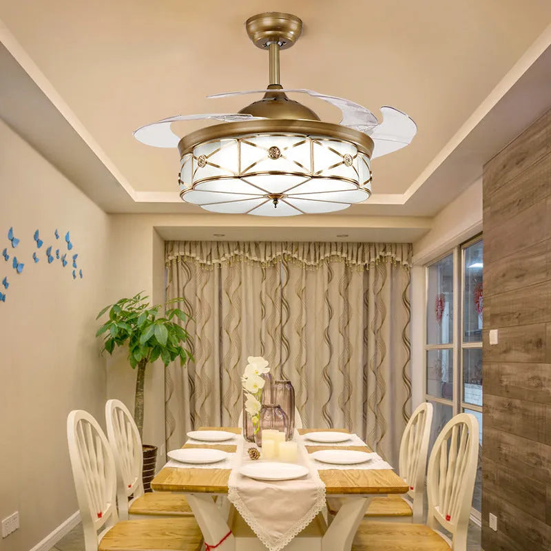 Gold ceiling fan light with invisible blades and remote control for 10-15 square metre rooms