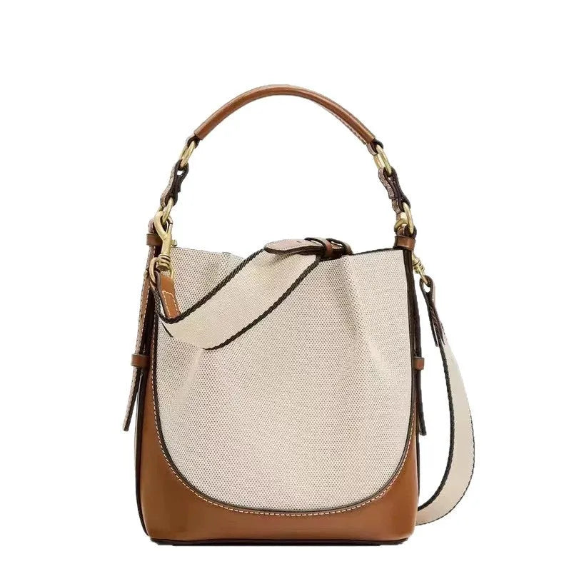 Fashion drawstring canvas contrast colour casual one-shoulder bucket bag in black with PU lining and double straps
