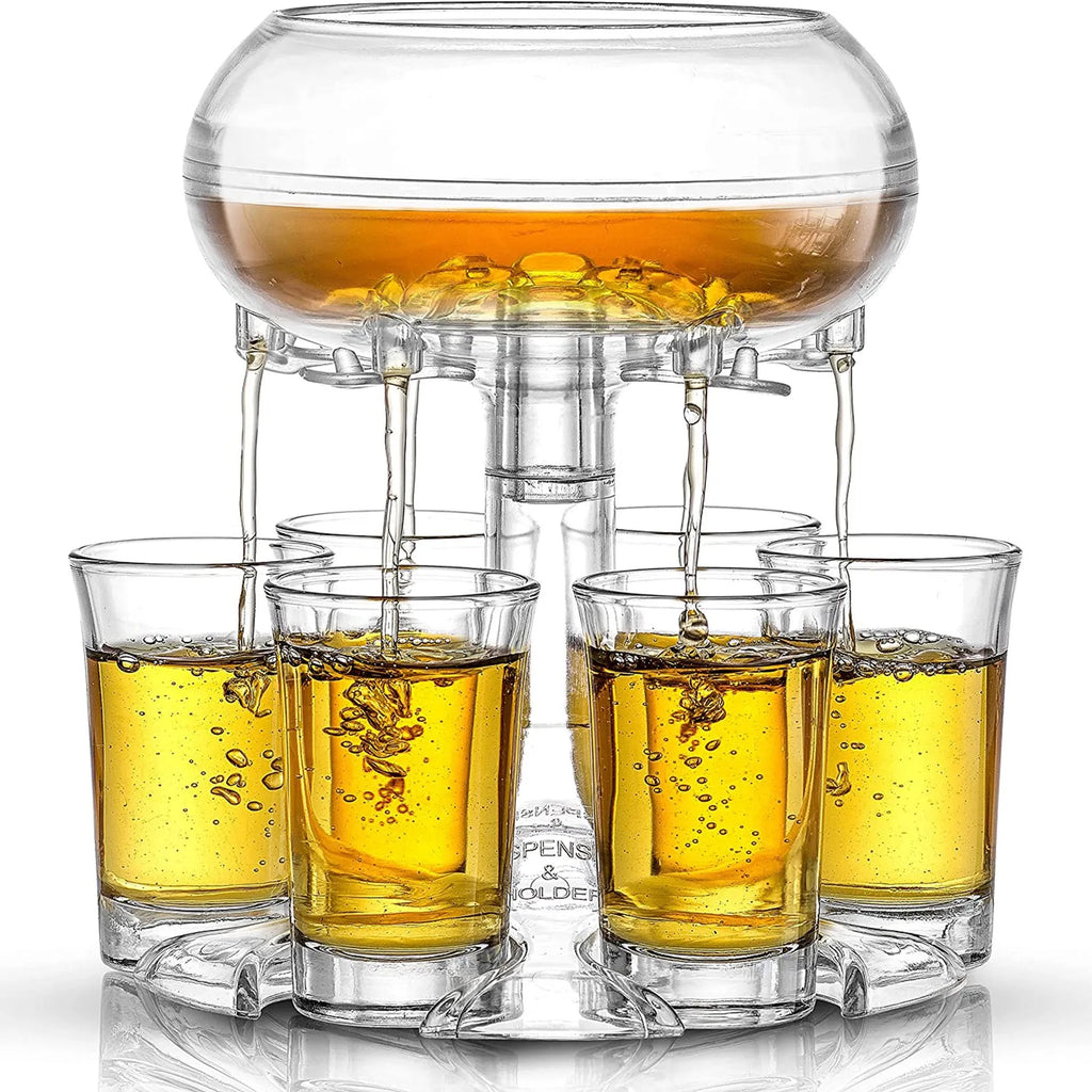 Clear six-shot glass dispenser rack holding six shot cups, bar accessory for parties.