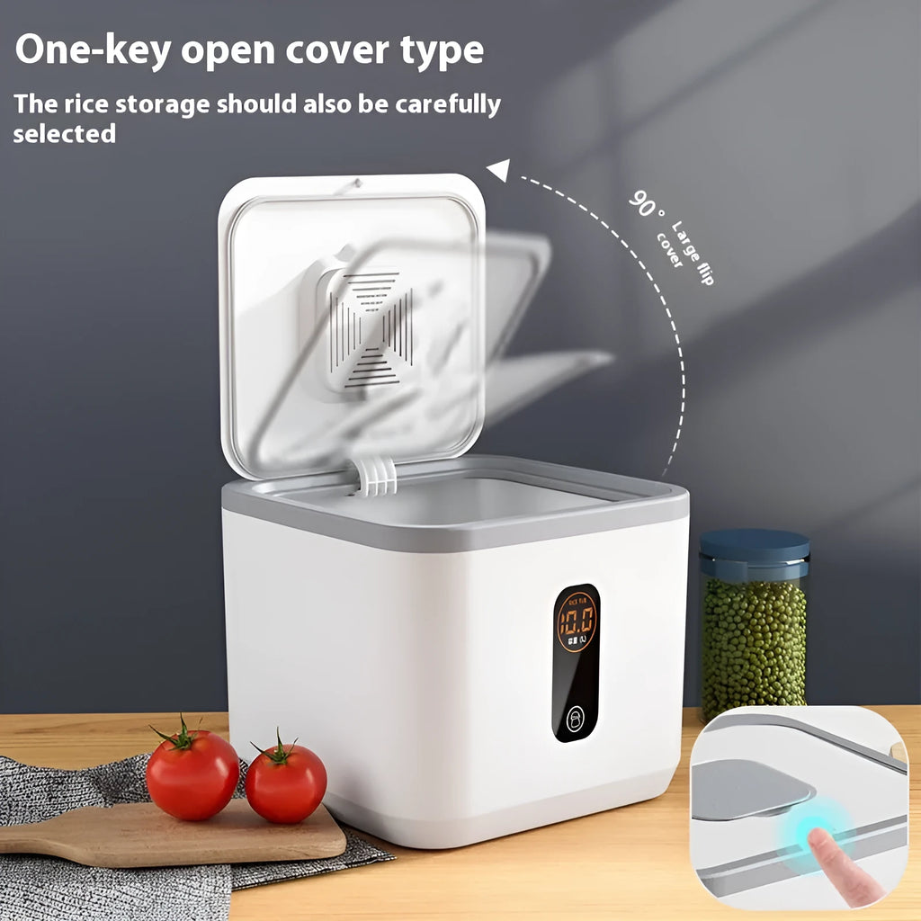 Grey plastic insect-proof sealed rice storage jar with a measuring cup, shown in a kitchen setting.