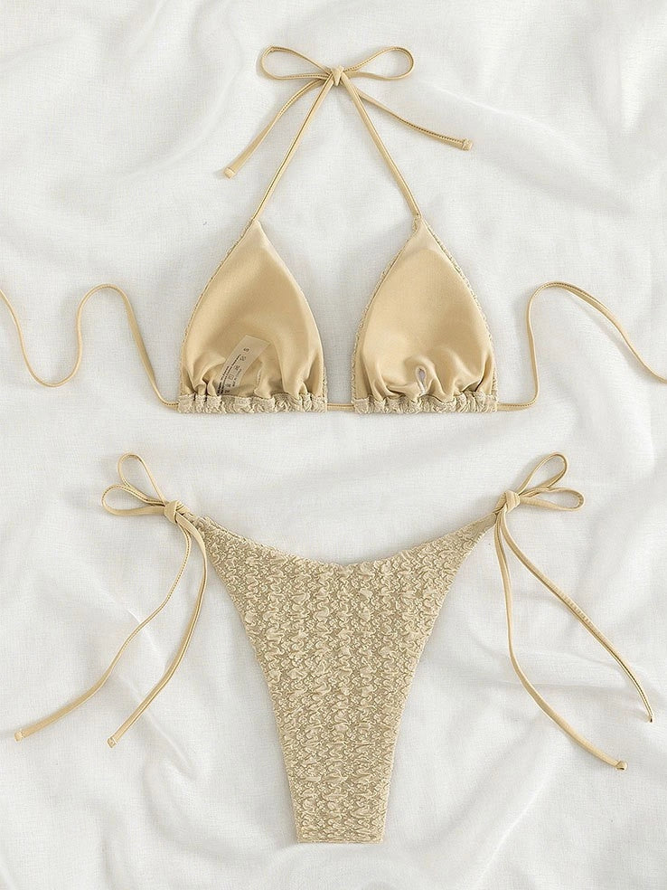 Women's khaki high waist bikini with lace-up front detail and matching shorts