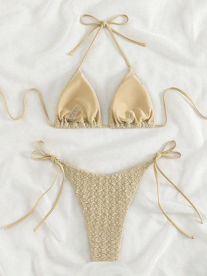 Women's khaki high waist bikini with lace-up front detail and matching shorts