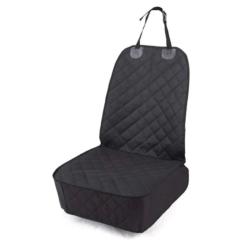 Oxford cloth pet car cushion in black on a co-pilot car seat with a dog sitting on it