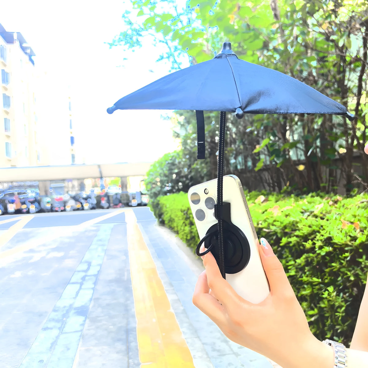 Magnetic retractable mobile phone umbrella bracket with iron frame and NC fabric in black