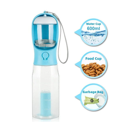 3-in-1 multifunctional pet water bottle with food feeder and waste bag dispenser in various color options