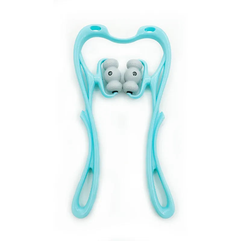 Blue handheld neck massager roller with 96 pressure point nodes on a white background.