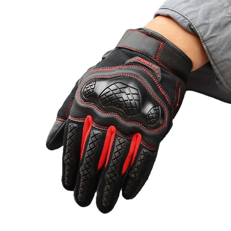 Men's leather motorcycle off-road gloves in black with cuffed closure, available in multiple sizes