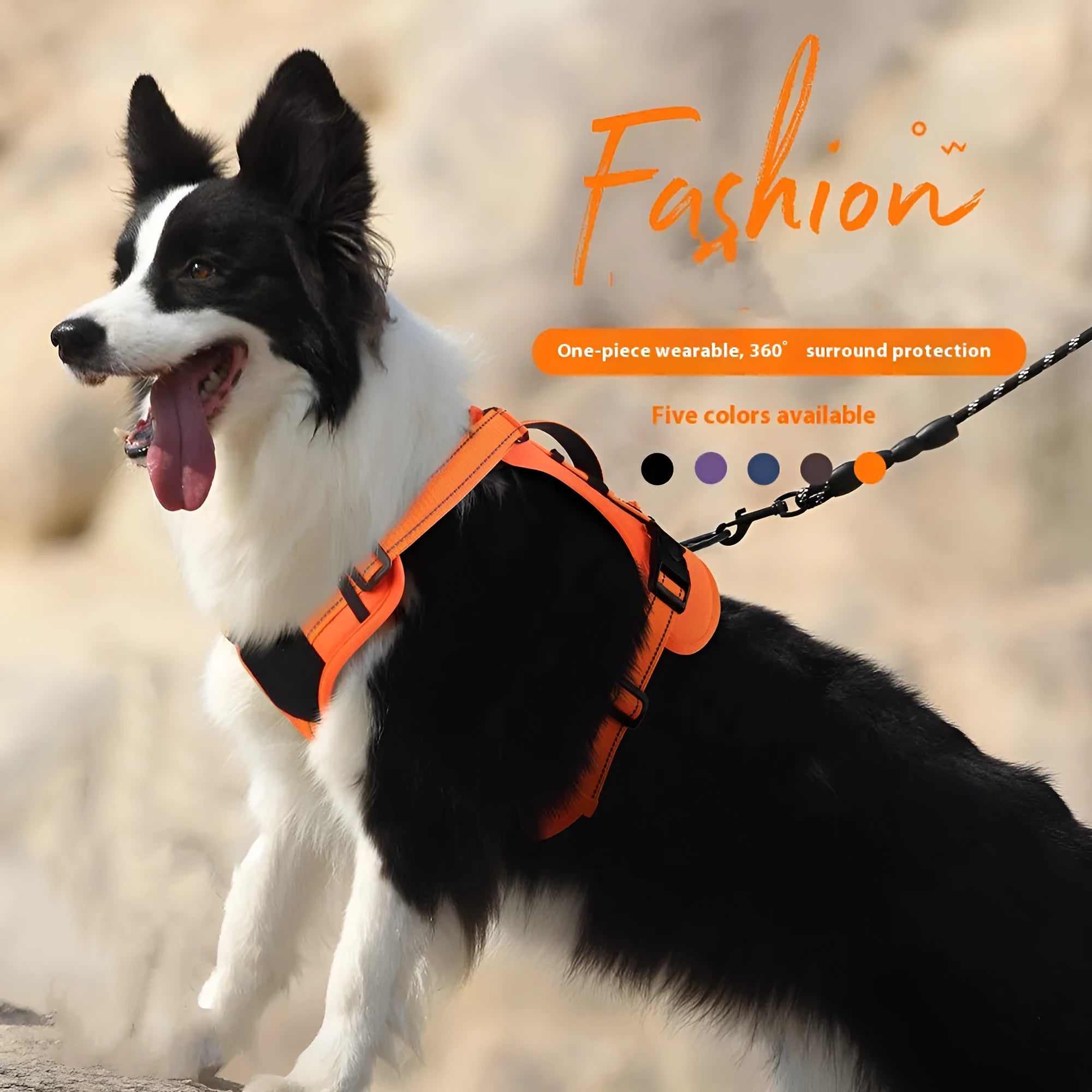 Reflective dog harness with vest, hand holding rope, and explosion-proof breast strap in multiple colour options