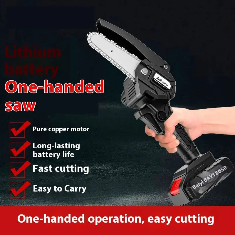Mini one-hand wireless 4-inch aluminium chainsaw with rechargeable lithium battery for branch cutting