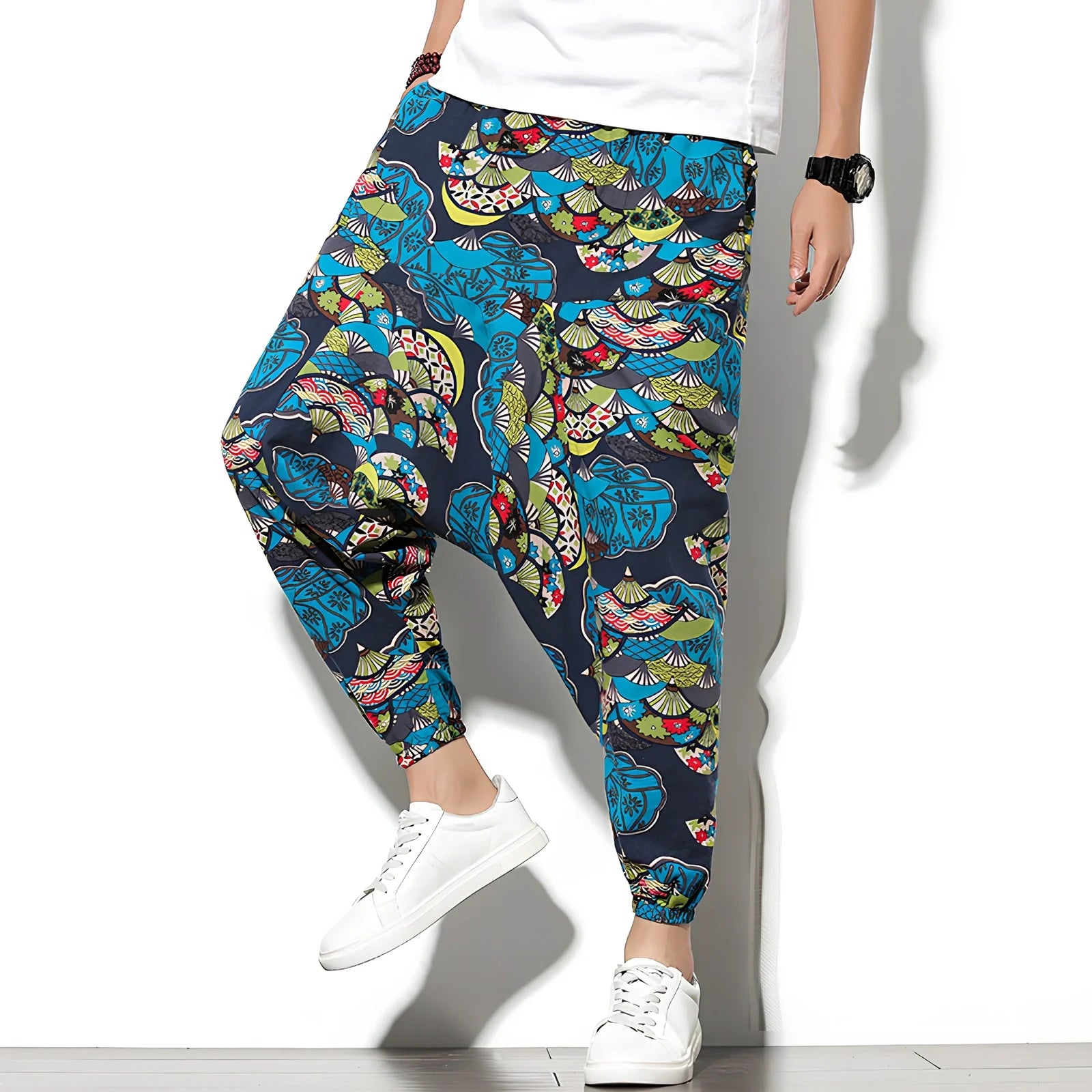 Summer bohemian loose wide-leg cotton trousers in Tibetan blue elephant flower print, mid-waist nine-point length 70-82cm, sizes M-5XL