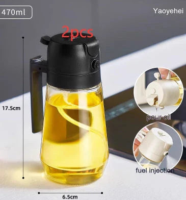 Glass oil sprayer and dispenser in various colors, featuring dual spray and pour functionality for cooking, air frying, and BBQ