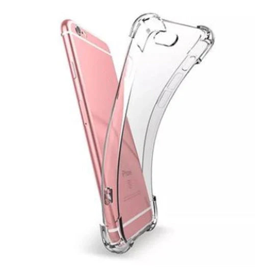 Transparent shockproof iPhone cover compatible with multiple models, showcasing durability and style