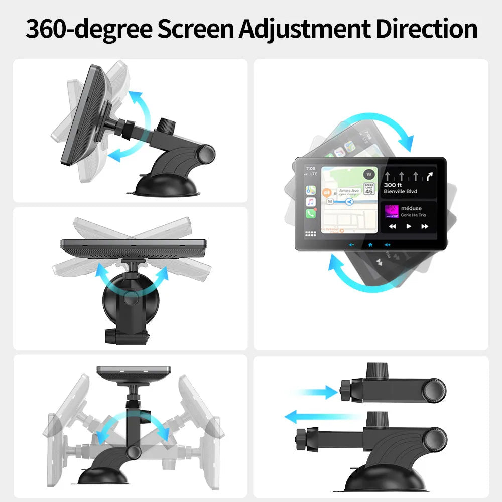 7 inch wireless CarPlay display for car dashboard with suction cup mount and cigarette lighter power cable
