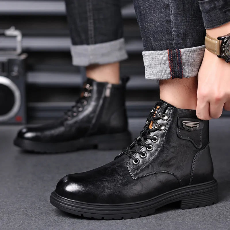 Men's Fashion Haulage brown cowhide leather booties low heel 1-3cm side view