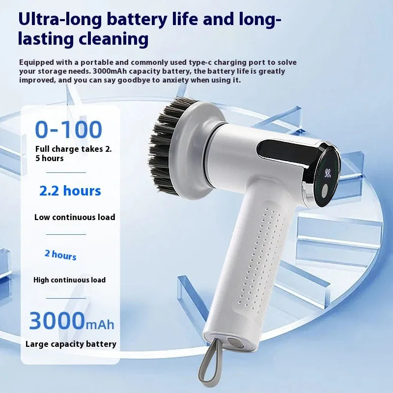 White cordless electric cleaning brush with interchangeable brush heads on a kitchen counter.
