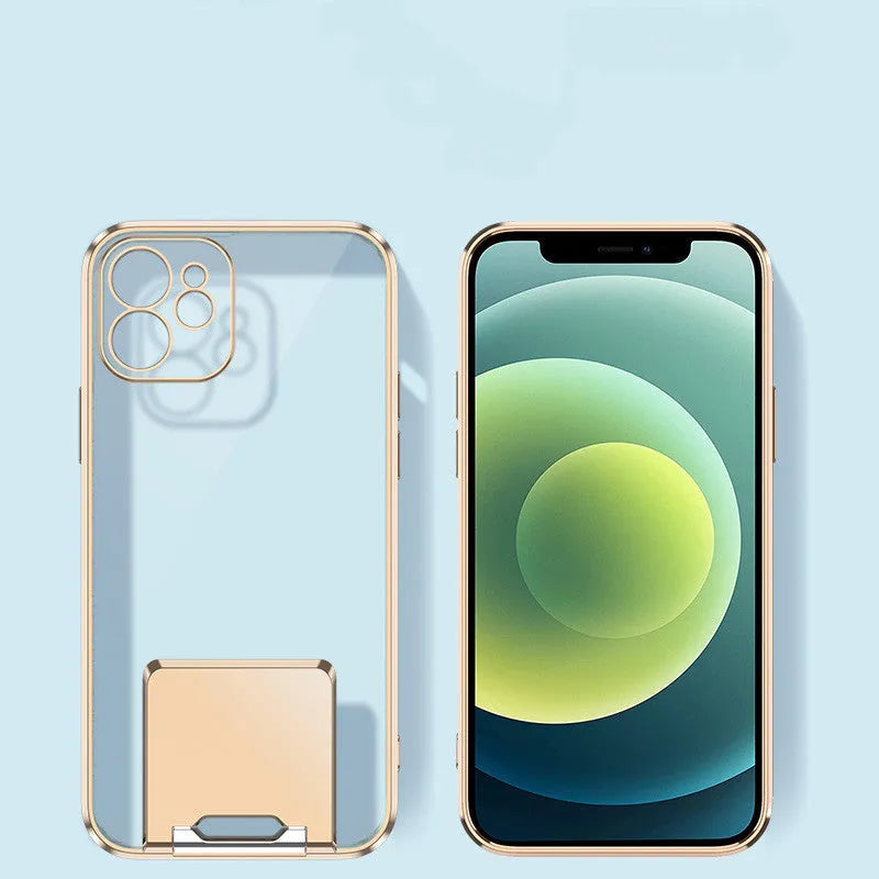 Transparent TPU phone case with gold electroplated bracket, displayed on a grey surface, for iPhone 12 Pro Max