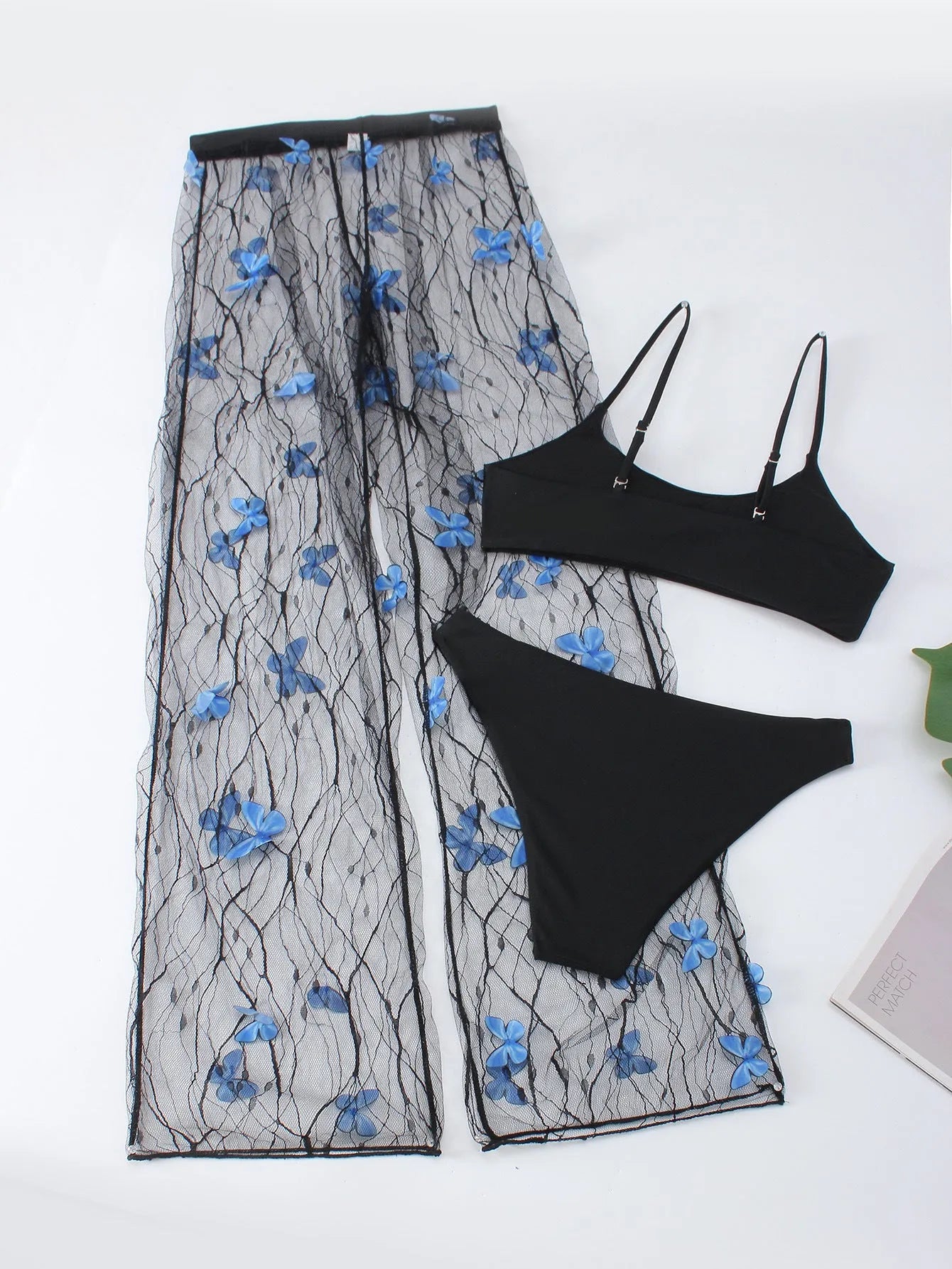 Black women's bikini three-piece set with butterfly voile fabric and optional pants