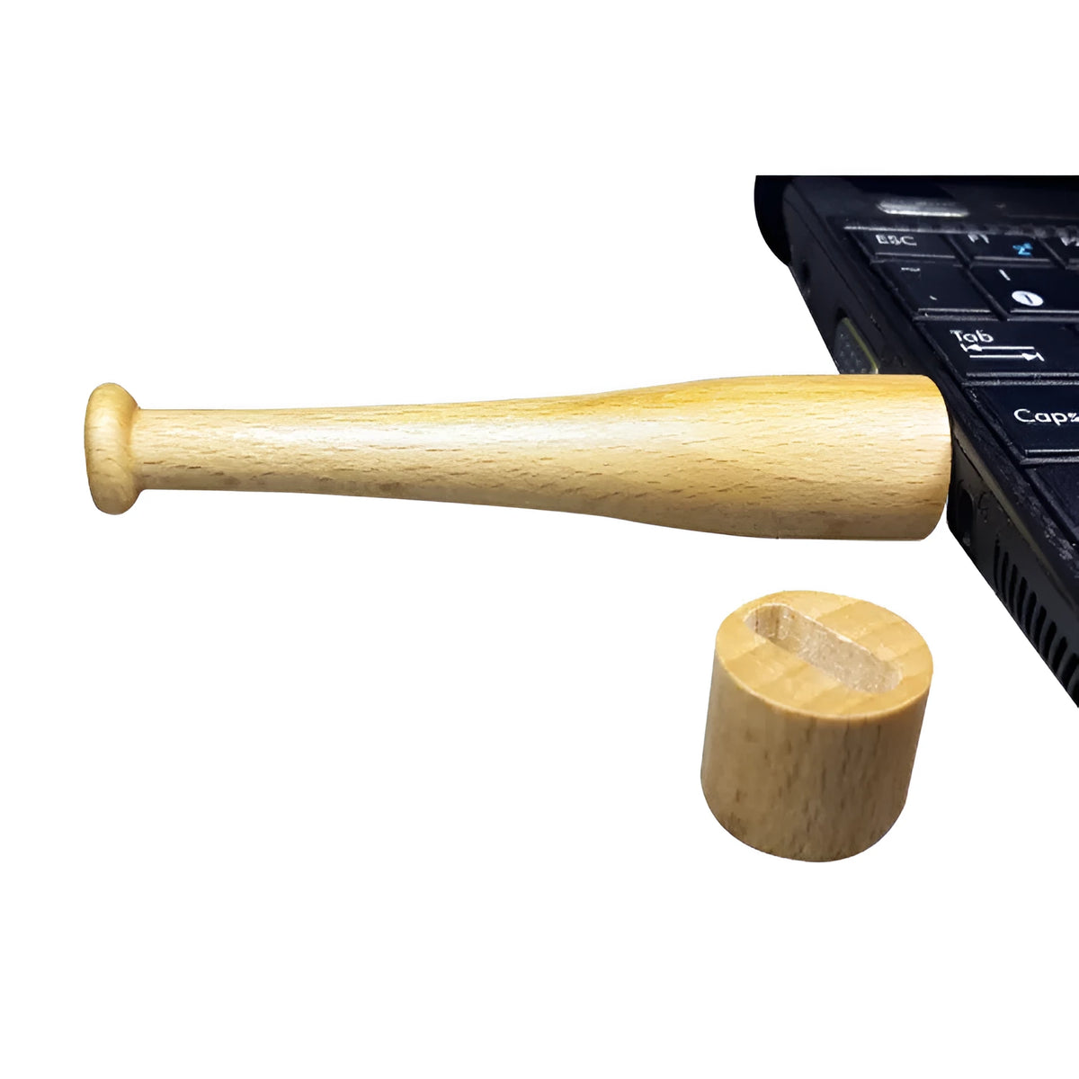 Baseball bat shaped wooden USB flash drive on a surface