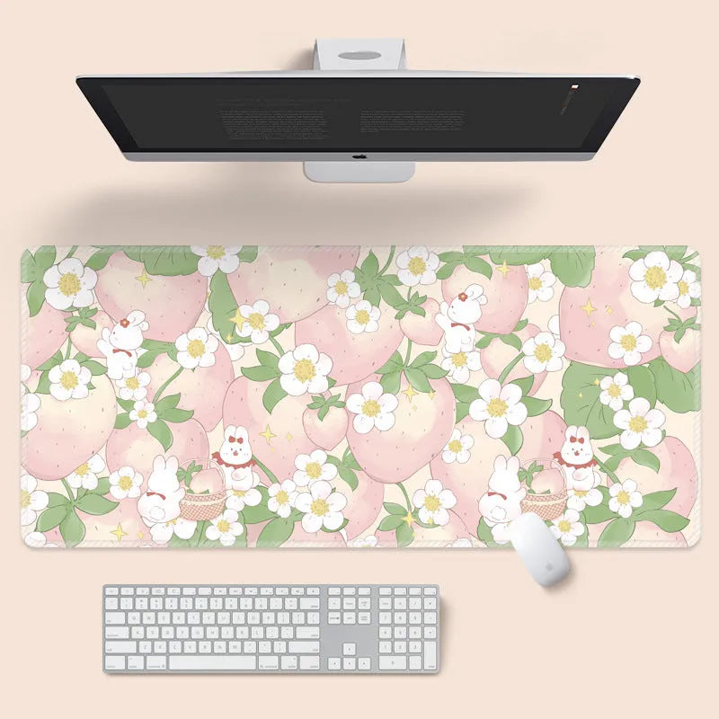 Large flower pattern mouse pad on a desk, showing cute cartoon tulip design and non-slip rubber base.