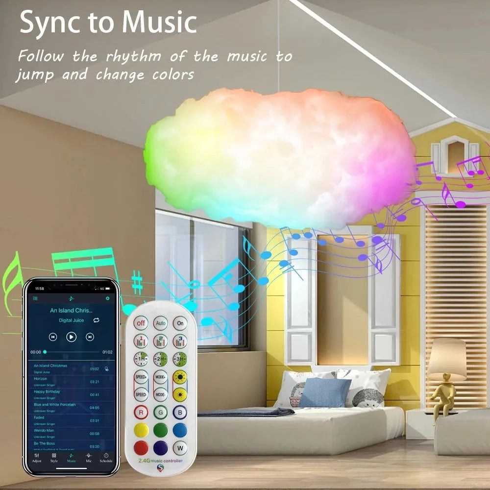 White fabric LED cloud pendant lamp with RGBIC colour changing and lightning simulation effects