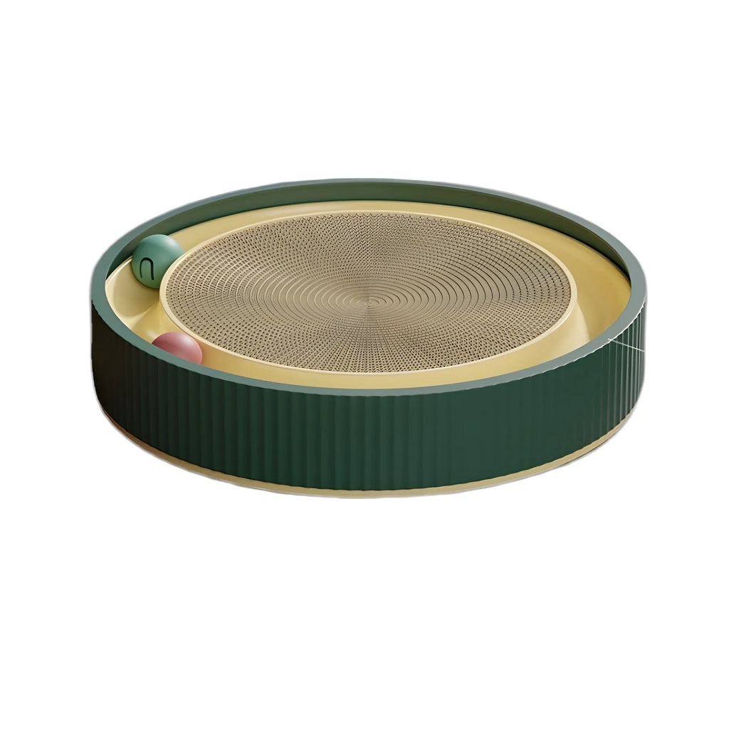 Green and white cat scratching board with bell balls and replaceable cardboard core for furniture protection