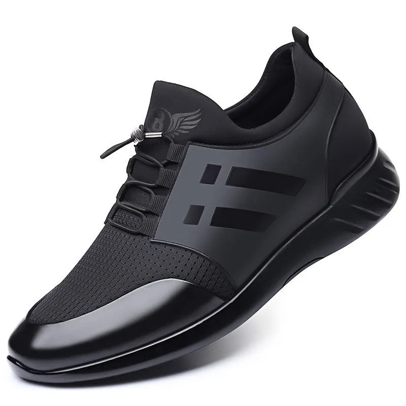 Men's black casual shoes with hidden chunky heel for height increase, shown in leather, Lycra and mesh options