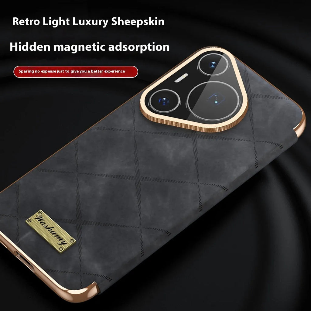 Electroplated diamond grid anti-fingerprint Huawei phone case in imitation leather.