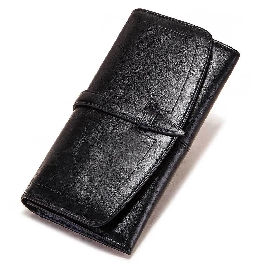 Long zipper retro womens wallet black genuine leather large capacity with multiple compartments