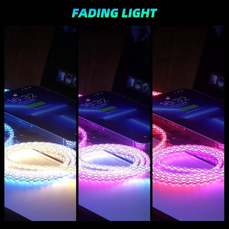 Phantom gradient coloured USB charging cable with Lightning, Micro USB and USB-C connectors on 1.2 metre cable