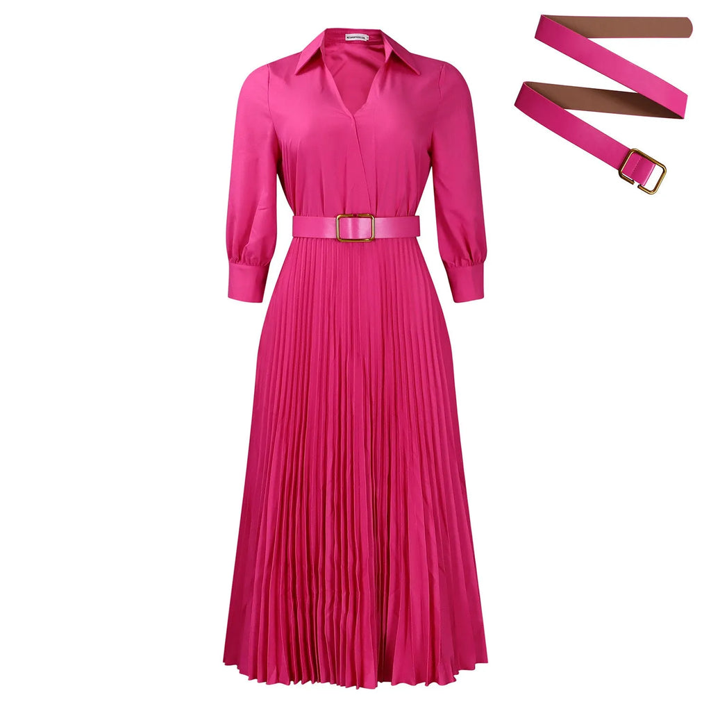 Women's polo collar pleated swing dress in midi length with high waist and 3/4 sleeves