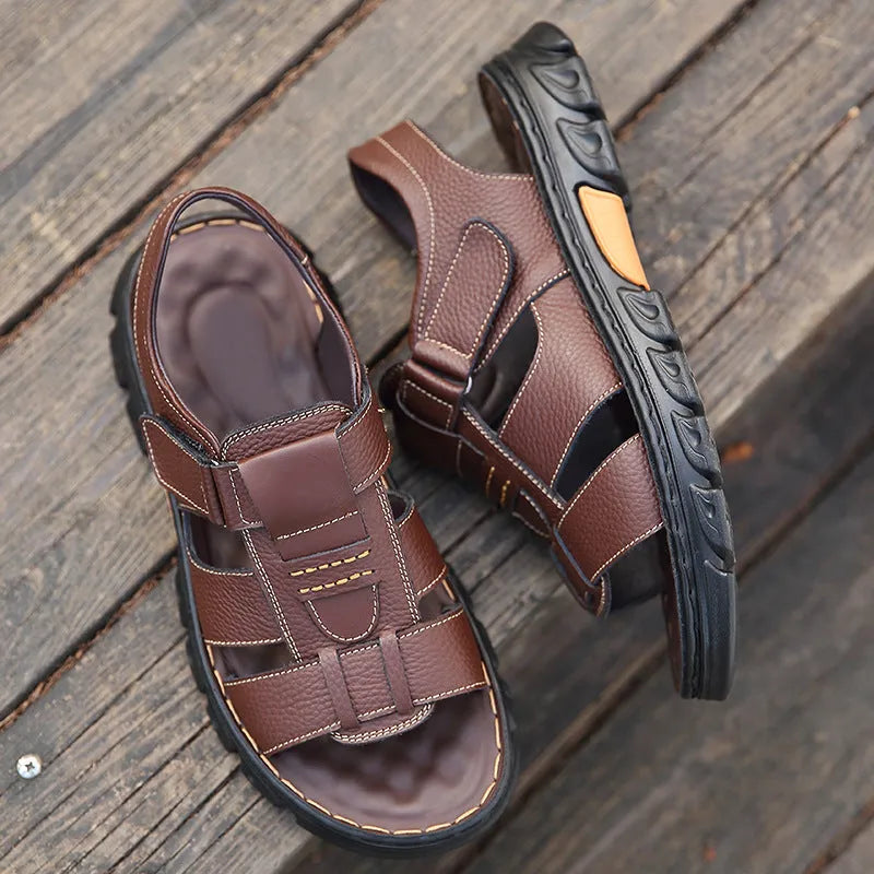 Men's summer cowhide soft bottom dual-use sandals open toe beach slippers with Velcro closure