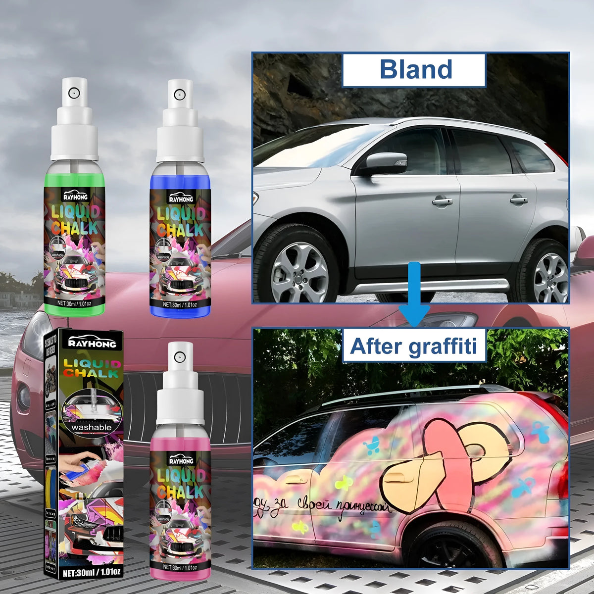 Blue Washable Car Graffiti Spray 30ml bottle with nozzle, for temporary car and window decoration