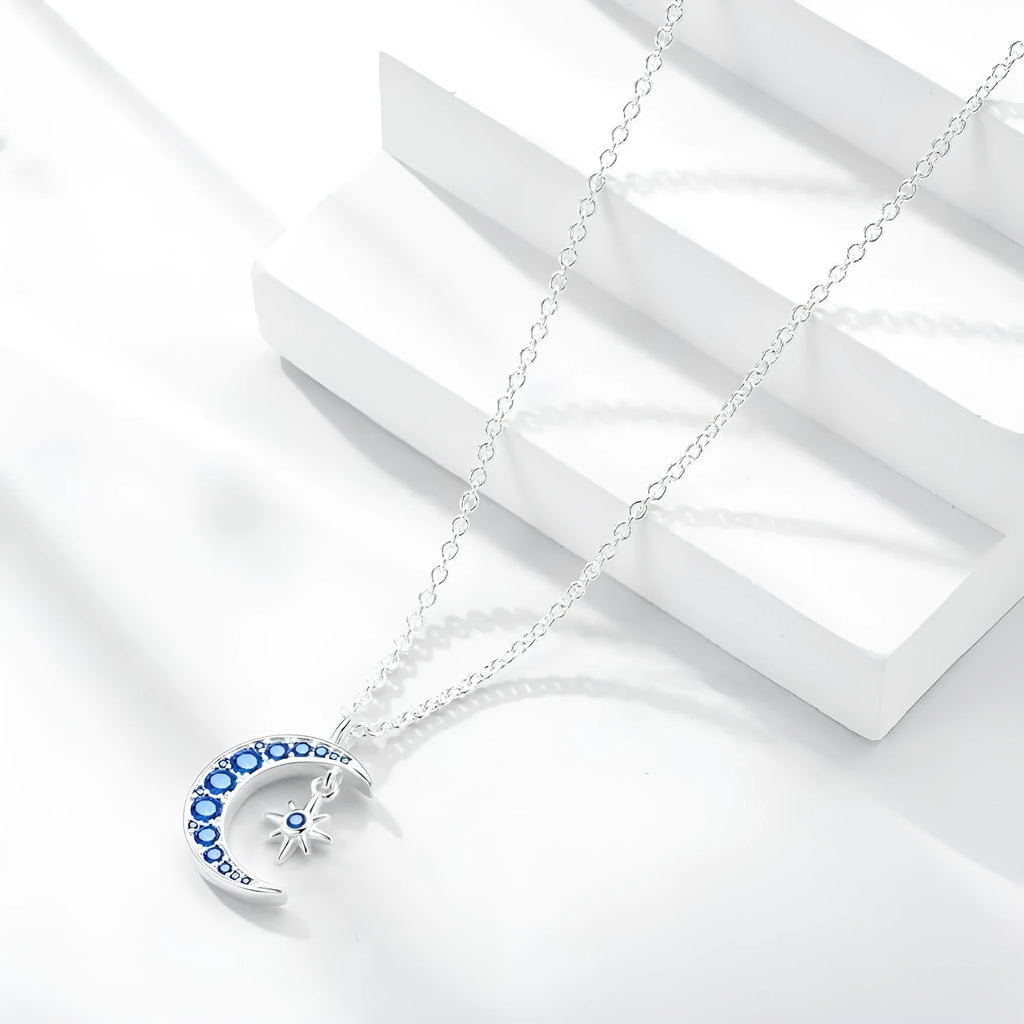 Copper blue moon necklace with electroplated white gold colour on adjustable O-ring chain