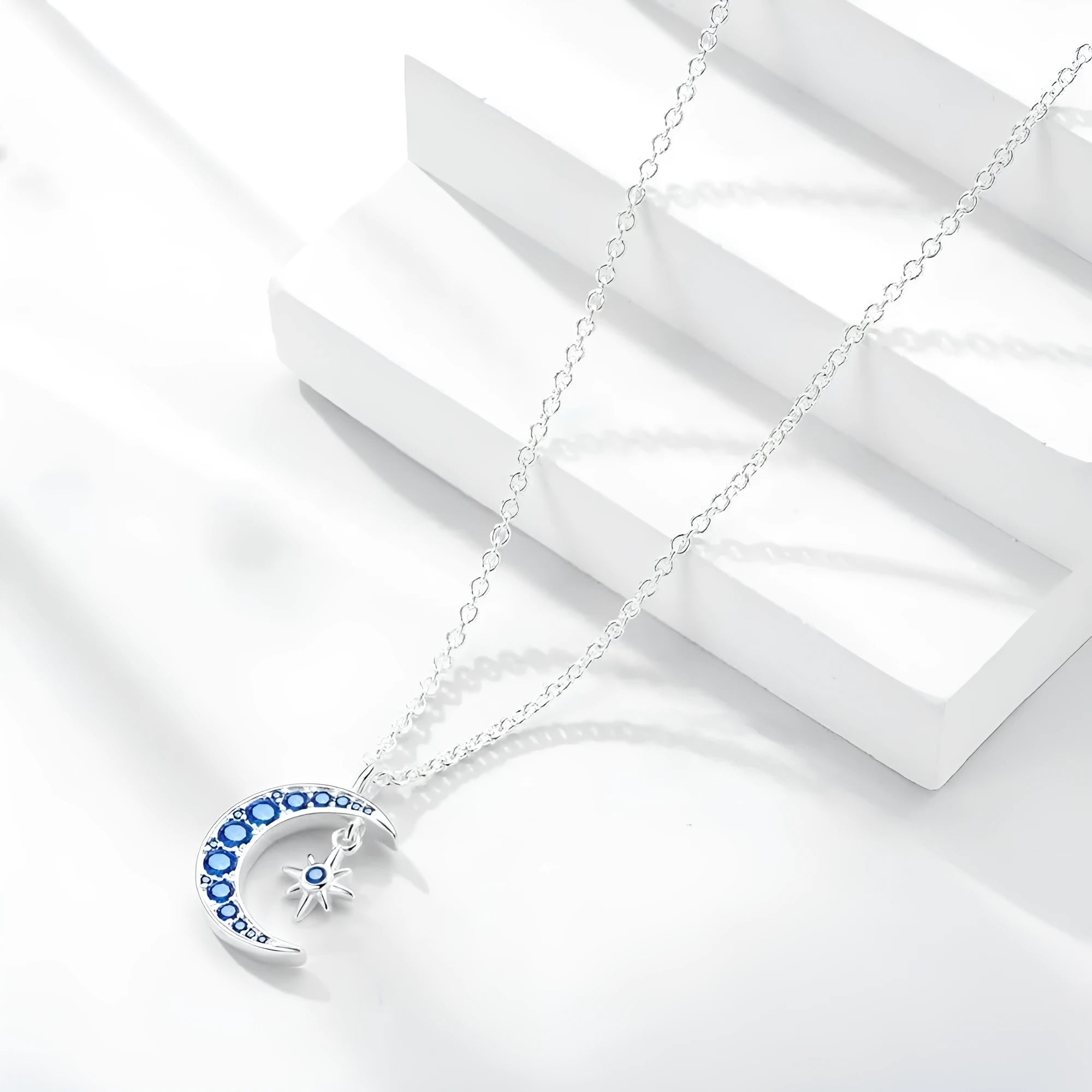 Copper blue moon necklace with electroplated white gold colour on adjustable O-ring chain
