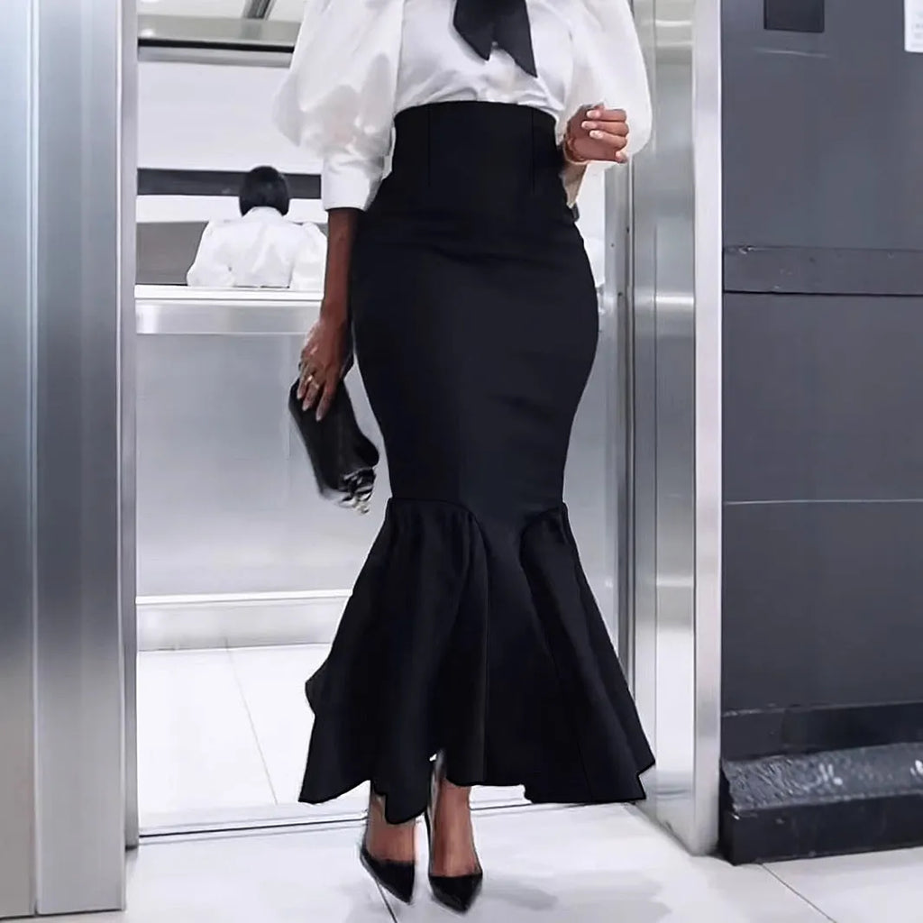 Black sheath long fishtail skirt for women with micro elastic polyester fabric