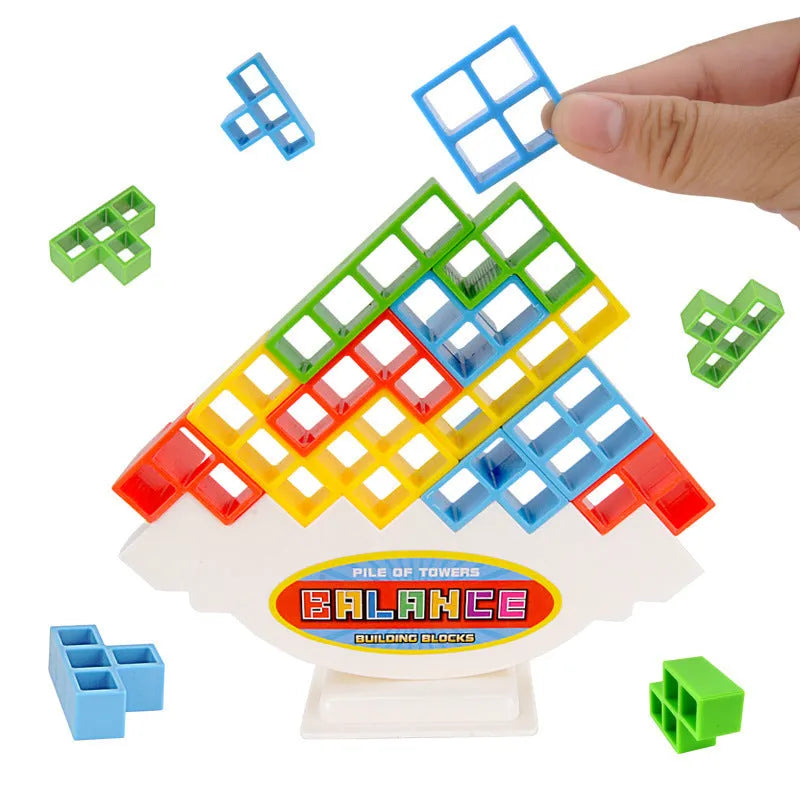 Plastic balancing stacking game with 16 colourful blocks and chassis for family entertainment