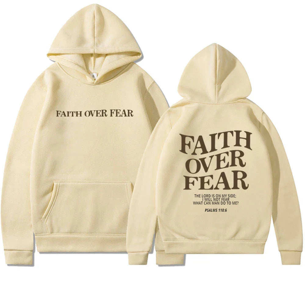 Inspirational Christian hoodie with 'Faith Over Fear' graphic in various colors