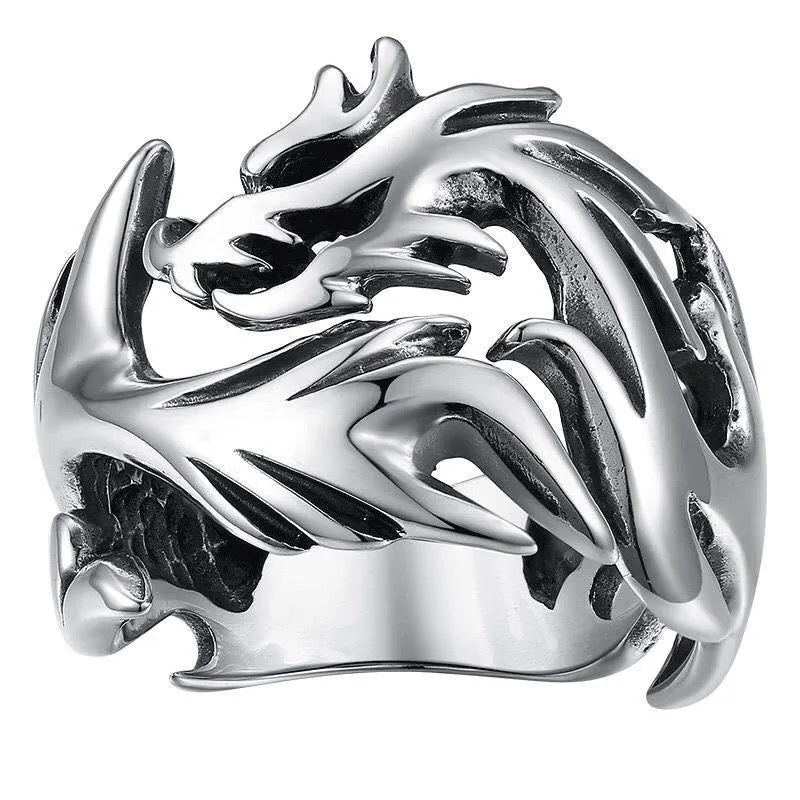 Adjustable Chinese style metal ring with luminous dragon pattern in antique silver blue green finish