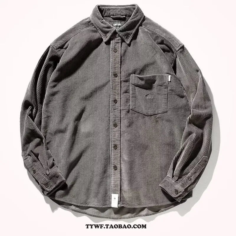 Caramel and grey loose fit corduroy long sleeve shirt in Japanese Hong Kong cardigan style
