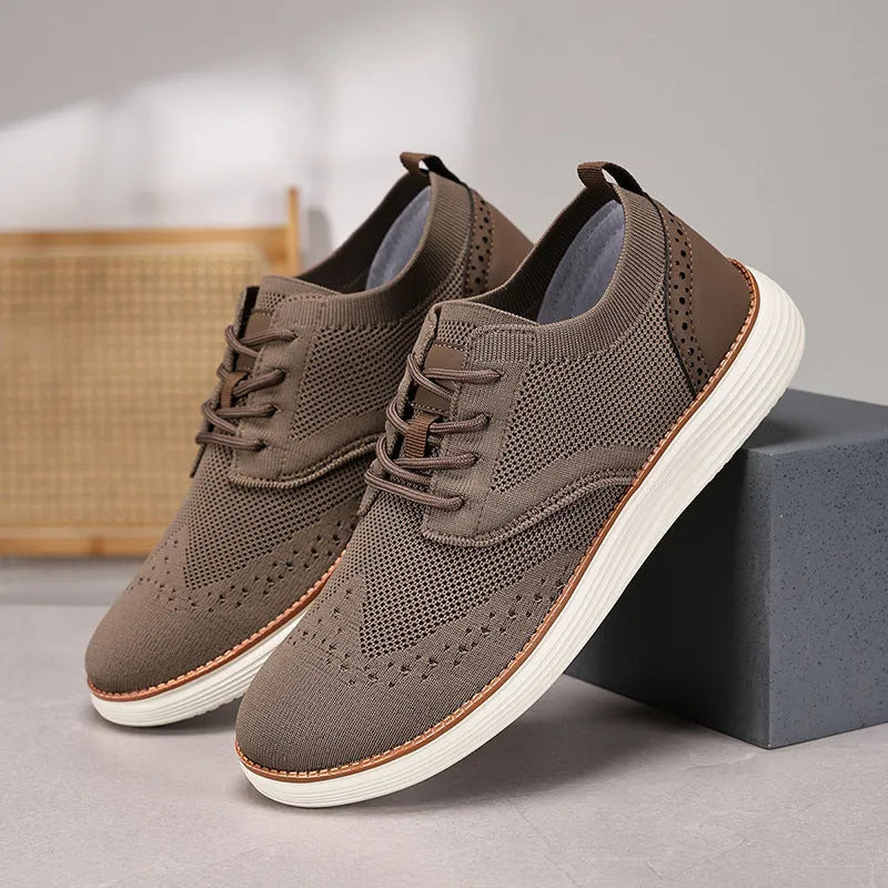 Men's outdoor fly woven mesh hiking casual shoes with rubber outsole in black side view