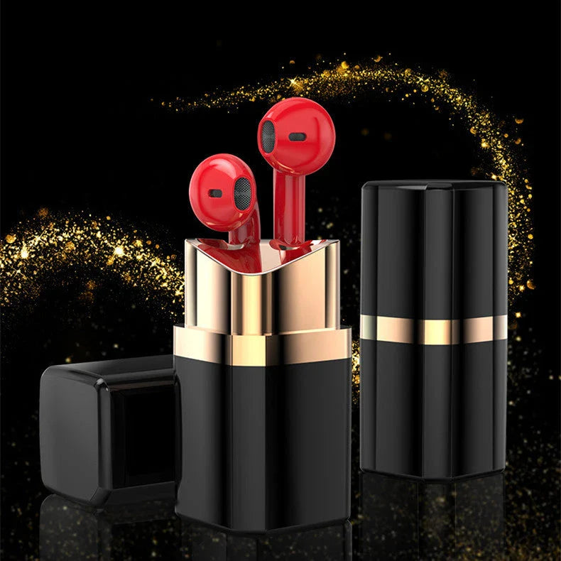 Stylish wireless Bluetooth earbuds with lipstick-inspired design and noise cancellation features