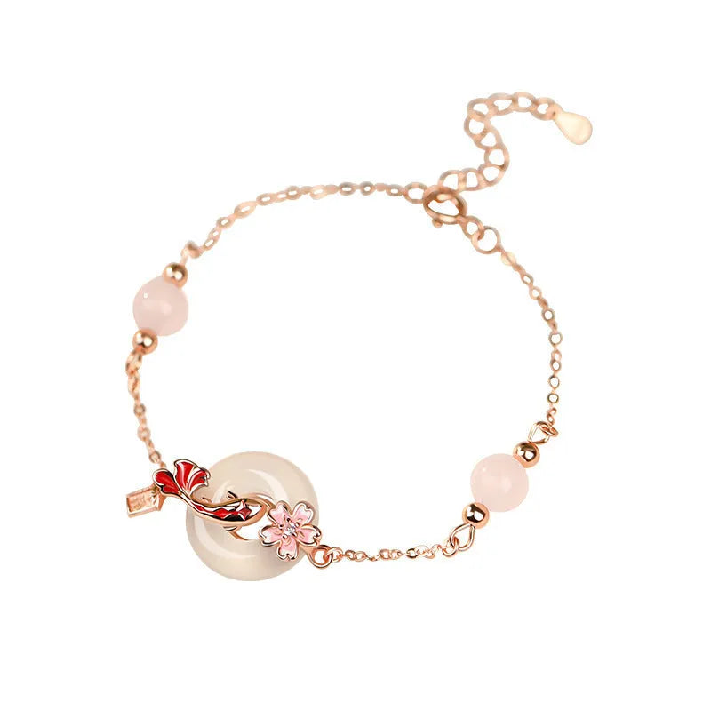 S925 sterling silver bracelet with white chalcedony crystals and koi design